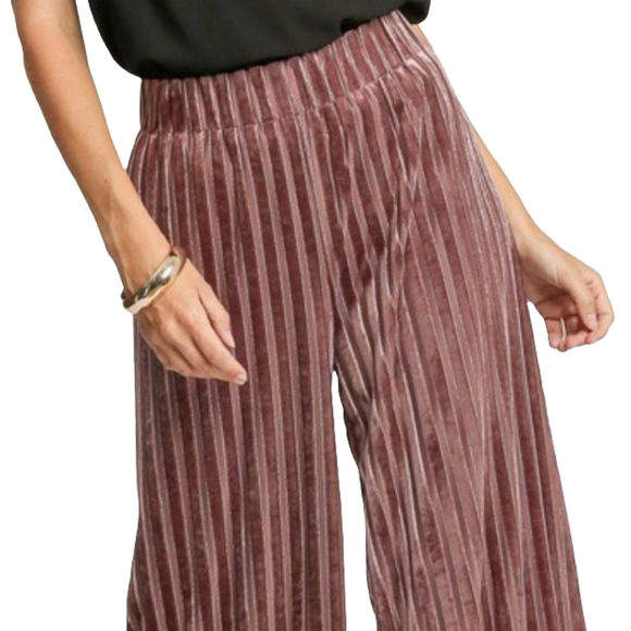 Umgee Velvet High-Rise Retro Pants Wide Leg Boho Metallic Stripe Elastic Waist - Picture 3 of 12